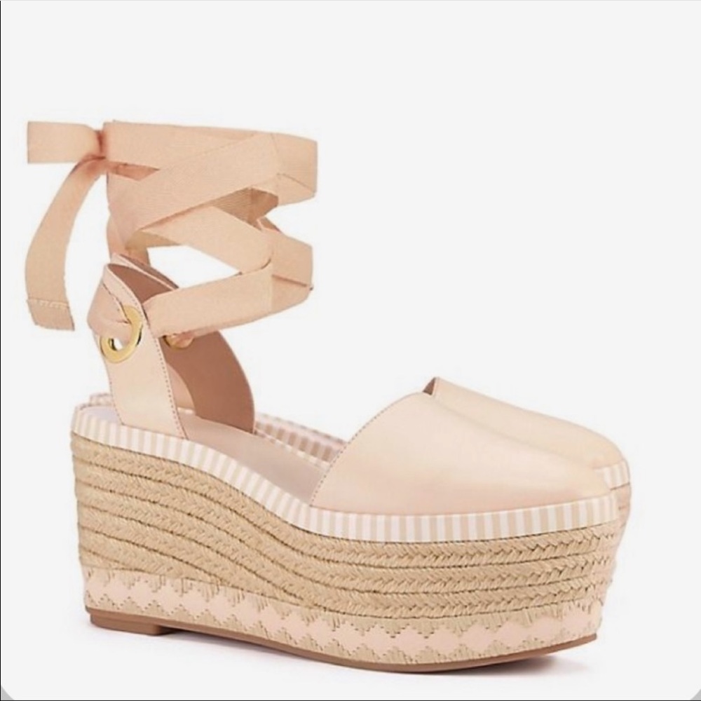 Tory Burch Dandy Cream Leather Ankle Wrap Espadrille Wedge Sandals